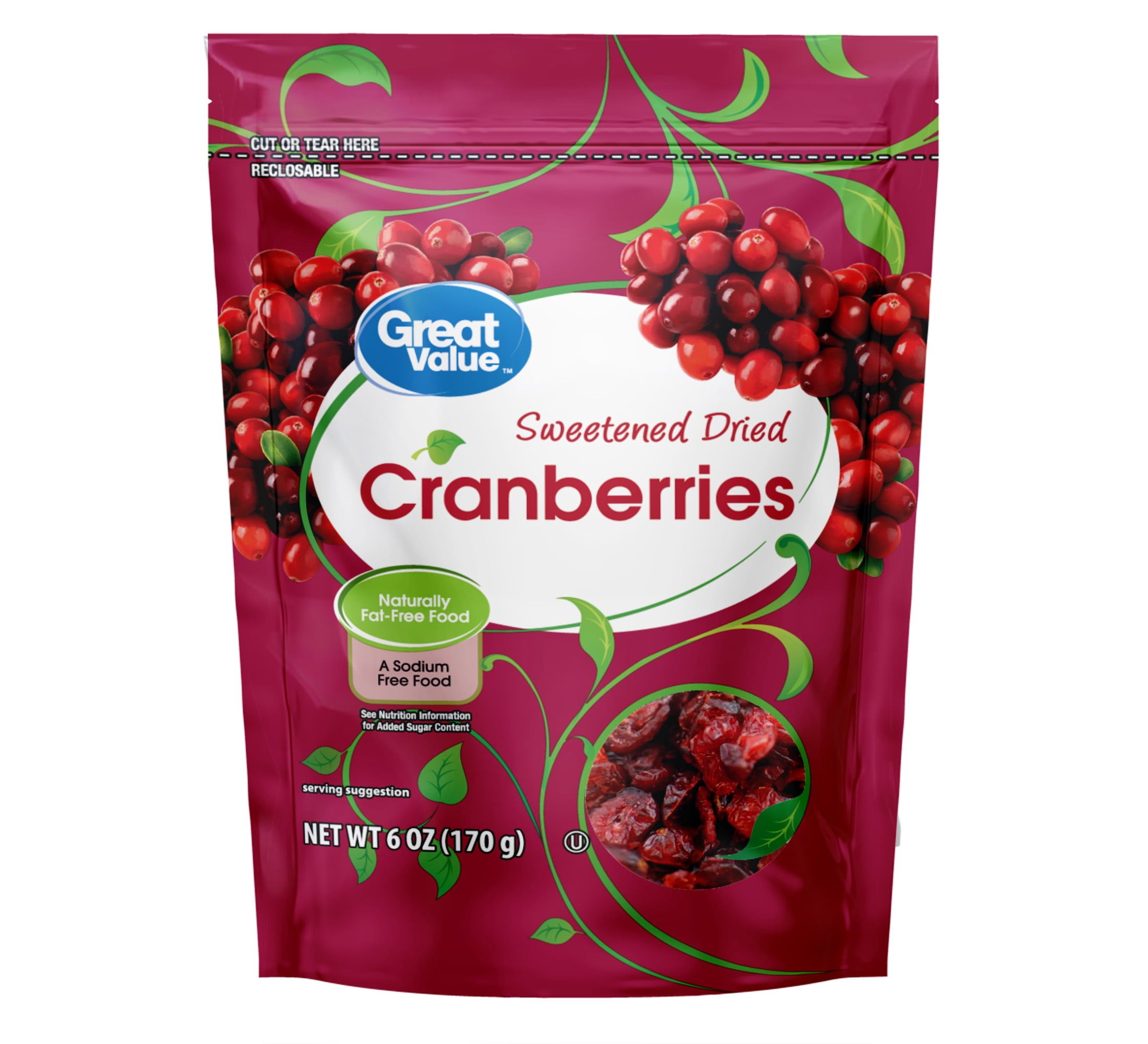 Great Value Sweetened Dried Cranberries, 6 oz