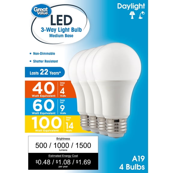 Great Value A19 3-Way LED Light Bulb, 40/60/100 Watts Tunable, Daylight, E26 Medium Base (4 Pack)