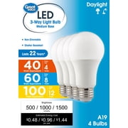Great Value 3-Way A19 LED Light Bulb, 40/60/100 Watts Selectable, Daylight E26 Medium Base 4 Pack
