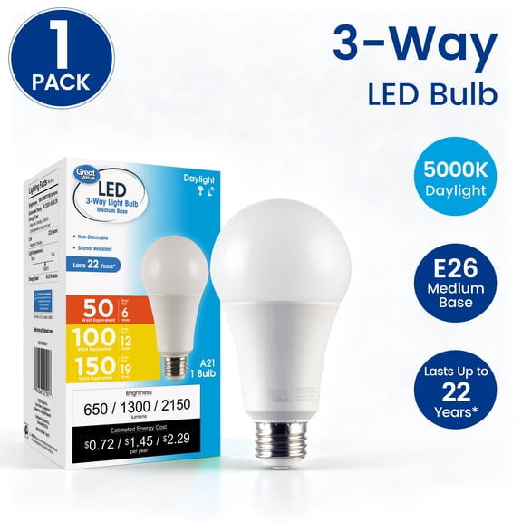 Great Value A19 LED Daylight White 3-Way E26 Medium Base Light Bulb