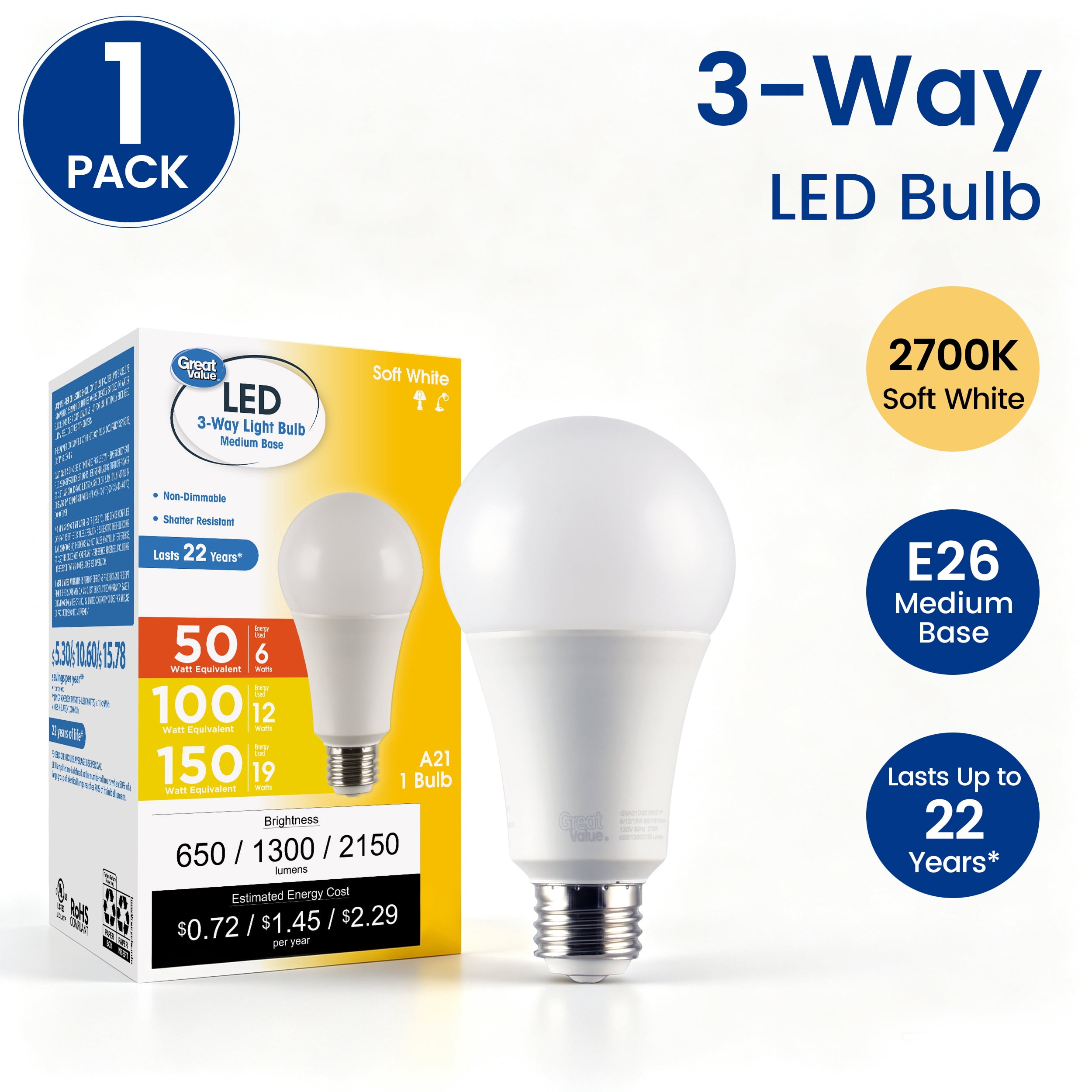 Great Value A21 LED 3-Way Light Bulb, 60/100/150 Watts Tunable, Soft White, E26 Medium Base (1 Pack)