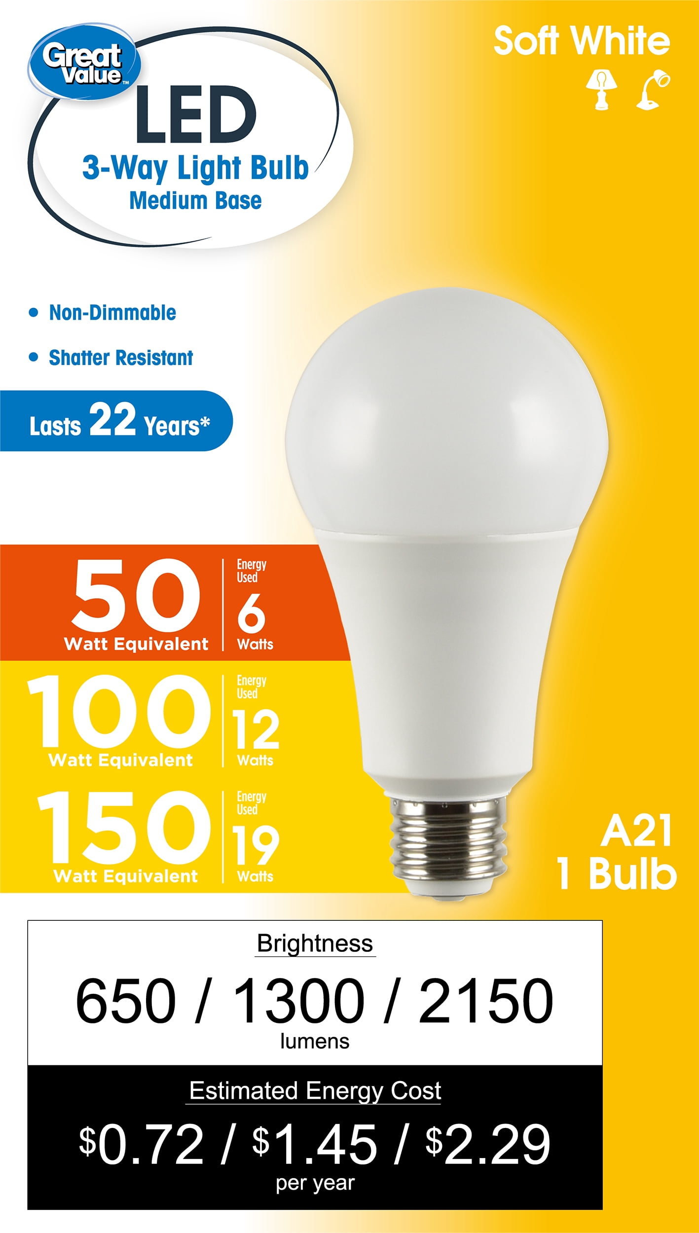 Great Value A21 LED 6/12/19W (60/100/150W Equivalent) Tunable Soft White E26 Medium Base 3-Way Light Bulb