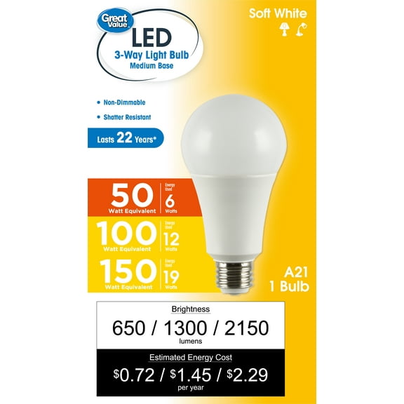 Great Value A21 LED 6/12/19W (60/100/150W Equivalent) Tunable Soft White E26 Medium Base 3-Way Light Bulb