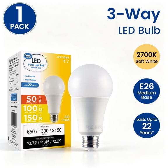 Great Value A21 LED 6/12/19W (60/100/150W Equivalent) Tunable Soft White E26 Medium Base 3-Way Light Bulb