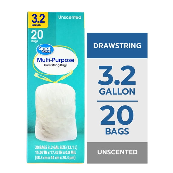 Great Value 3.2 gal Drawstring Trash Bags, Unscented, 20 Bags
