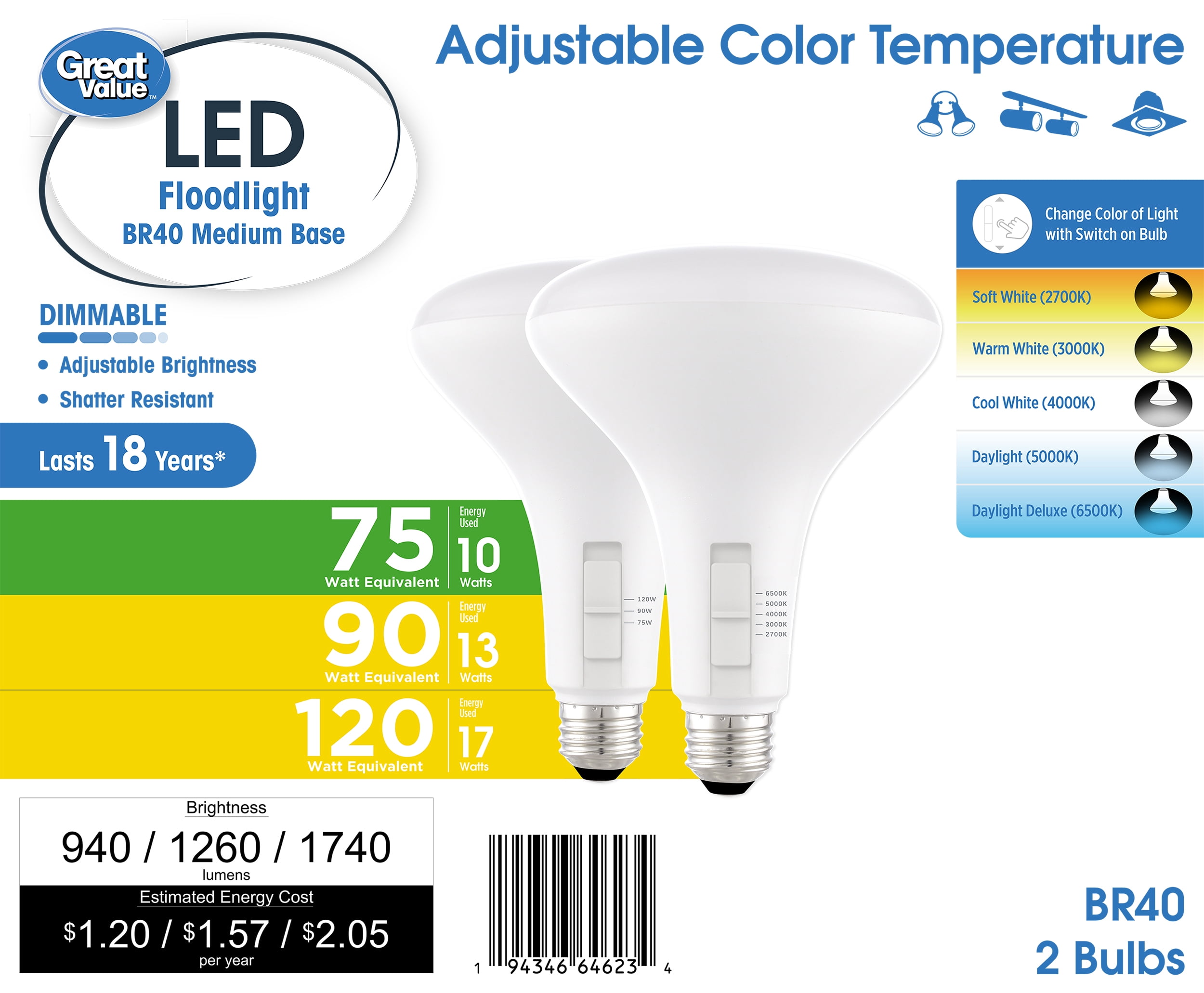 Great Value BR40 LED Flood Light Bulbs, Selectable Brightness & 5 Color Temperatures, 75W/90W/120W Equivalent, E26 Base, 2‑Pack