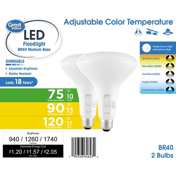 Great Value BR40 LED Flood Light Bulbs, Selectable Brightness & 5 Color Temperatures, 75W/90W/120W Equivalent, E26 Base, 2Pack