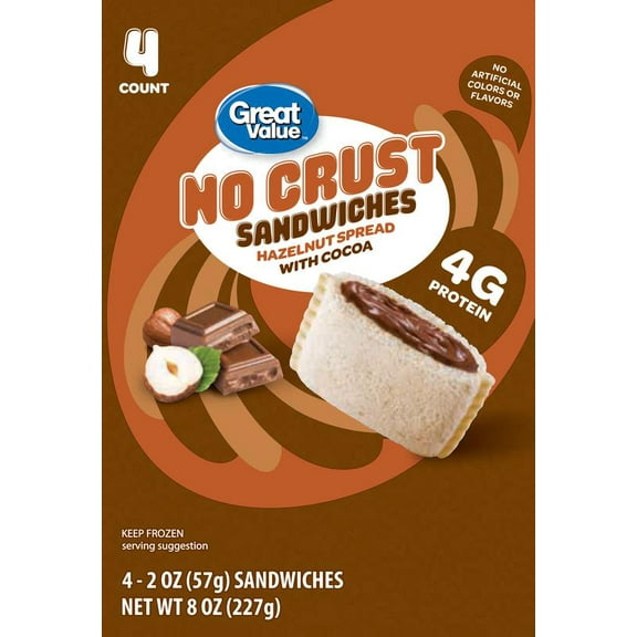 Great Value Hazelnut Spread with Cocoa No Crust Sandwiches, 8 oz, 4 Count (Frozen)