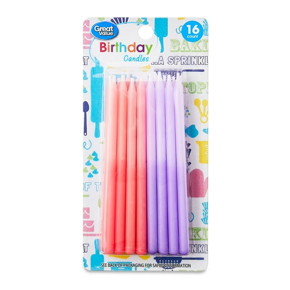 Great Value Tall Ombre Pink and Purple Birthday Candles, 16 Count