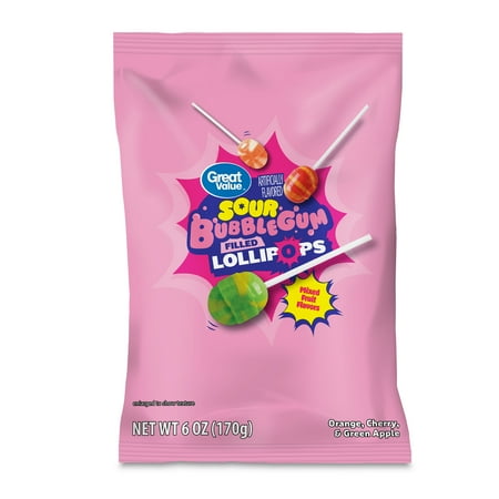 Great Value Sour Bubblegum-Filled Lollipops, 6 oz, 10 Count
