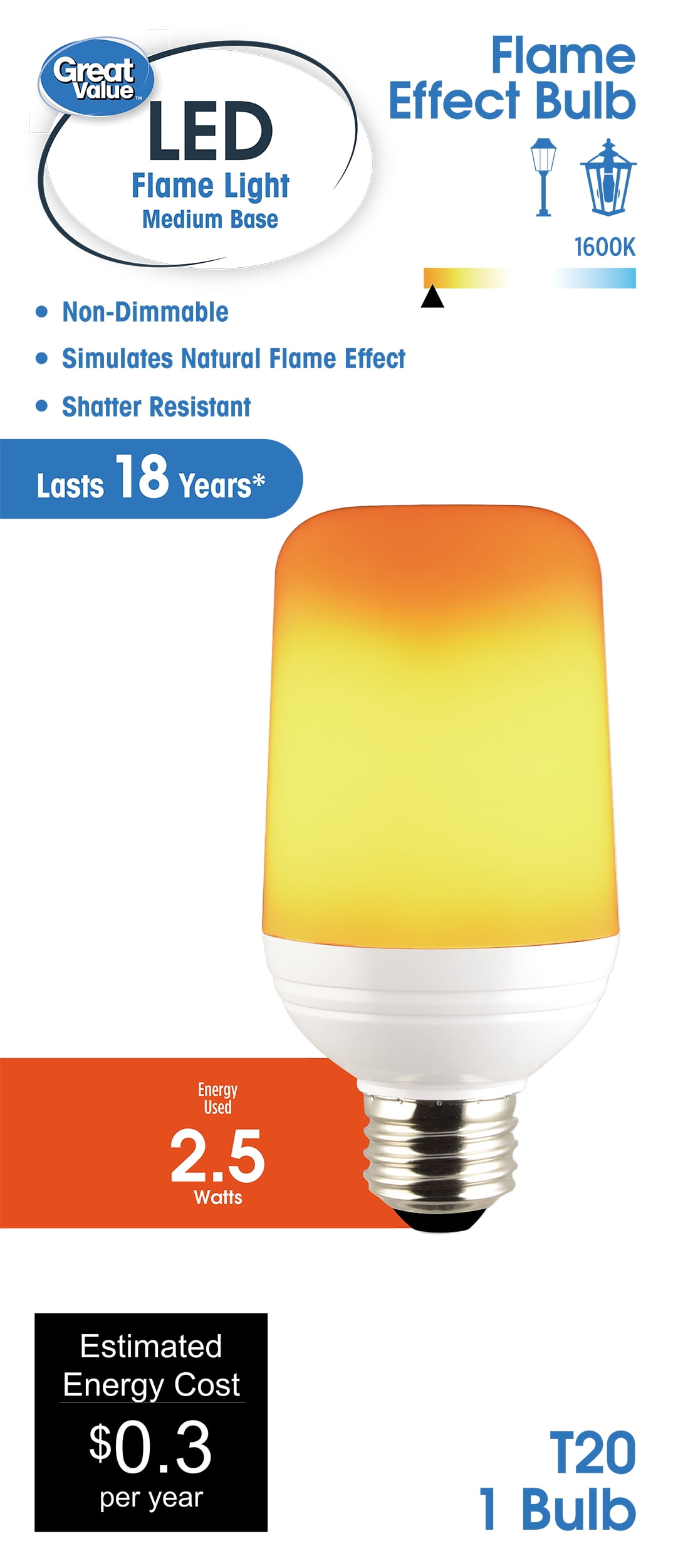 Great Value T20 Cylinder Flame Effect LED Light Bulb, 4-Watt, E26 Medium Base (1-Pack)