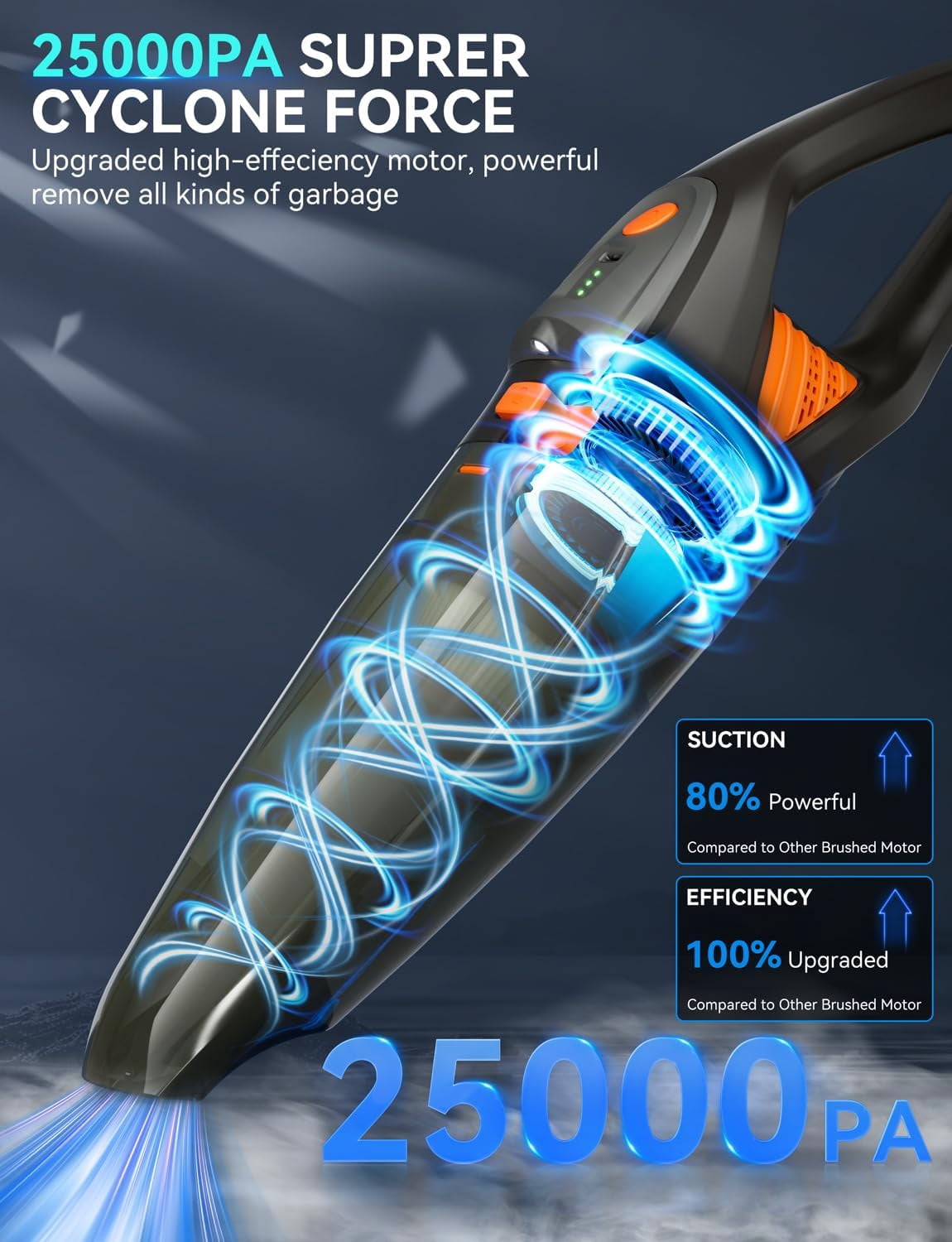 GV09 Handheld Vacuum Cleaner - 25000PA Powerful Suction, 8000mAh Battery, HEPA Filter, 2 Speeds, Cordless, for Home, Car, Office, Pets