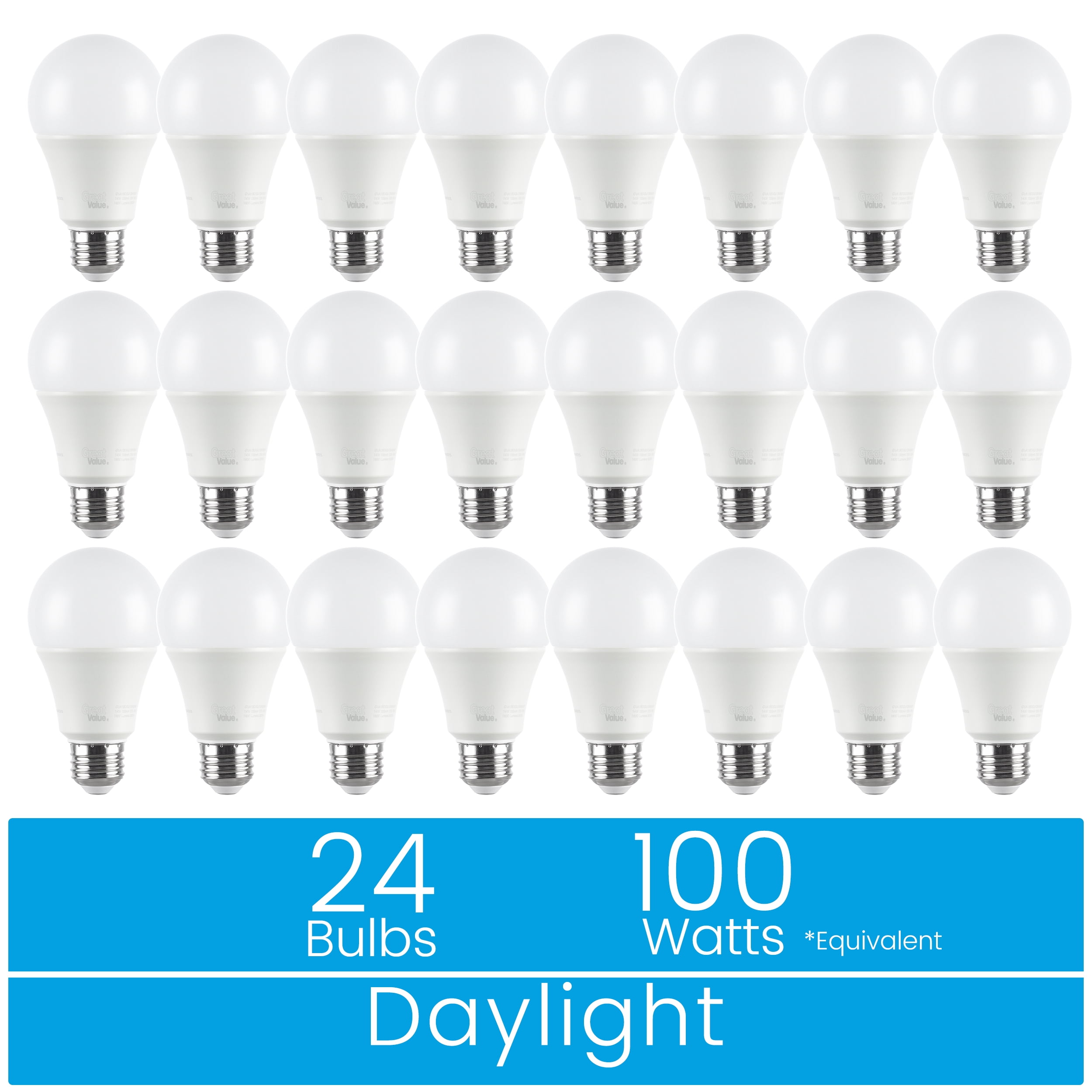 Great Value A19 LED Light Bulb, 14W, 100W Equivalent, Dimmable, Daylight 5000K, E26 Medium Base, 24 Pack