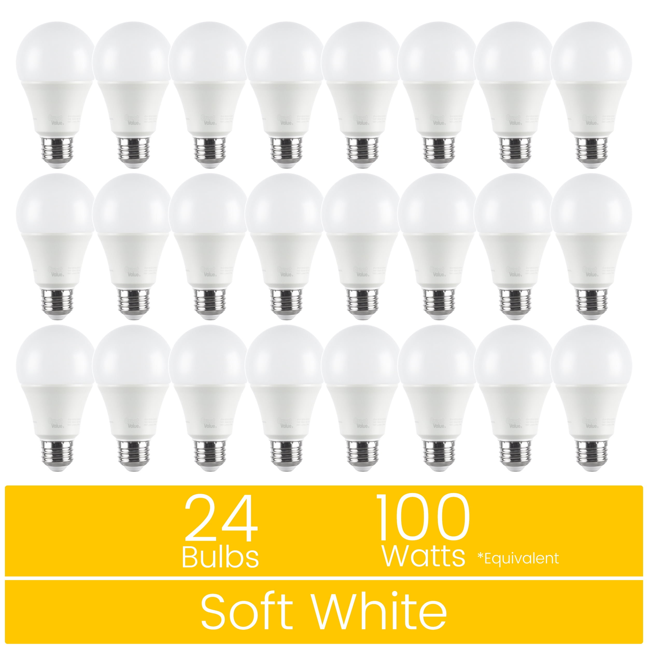 Great Value 18YR A19 LED Light Bulb, 14W (100W Equivalent) Dimmable Soft White E26 Medium Base, 24 Pack