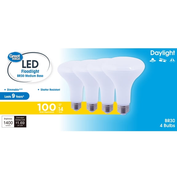Great Value LED Floodlight Bulb, 16W(100W Equivalent)Daylight BR30 with E26 Base, Dimmable, 4PK