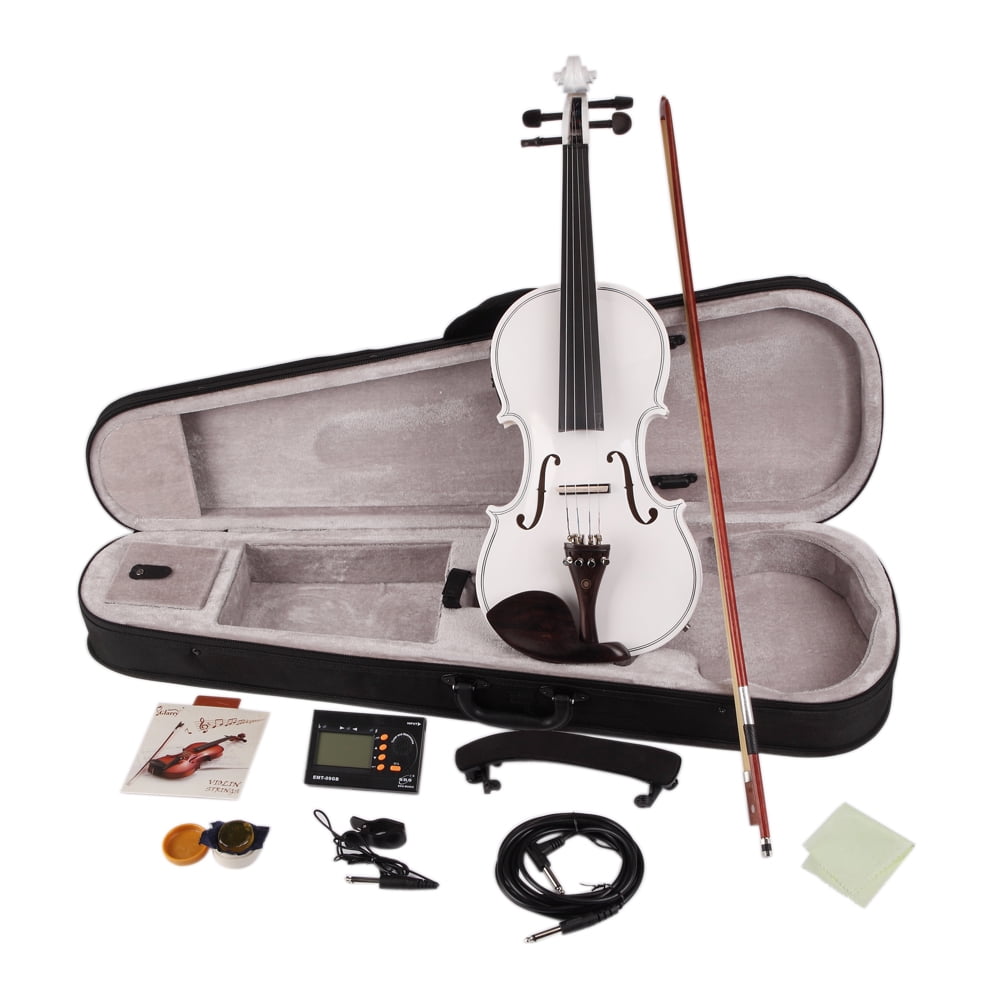 GV102 4/4 Solid Wood EQ Violin Case Bow Violin Strings Shoulder Rest Electronic Tuner Connecting Wire Cloth White