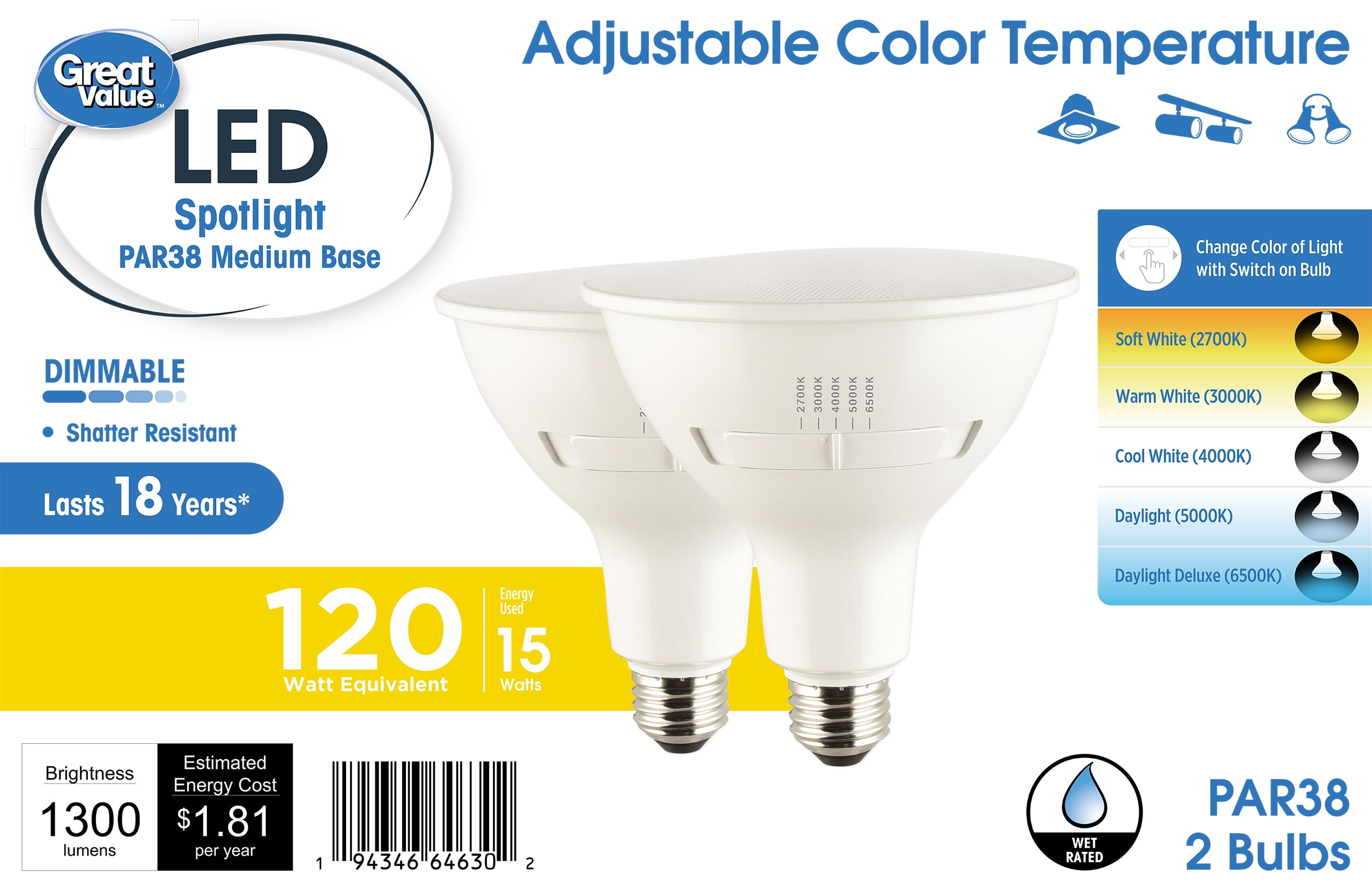 Great Value PAR38 LED Flood Light Bulbs, 15-Watt (120W Equivalent), 5ACT Selectable CCT, Dimmable, E26 (2Pack)