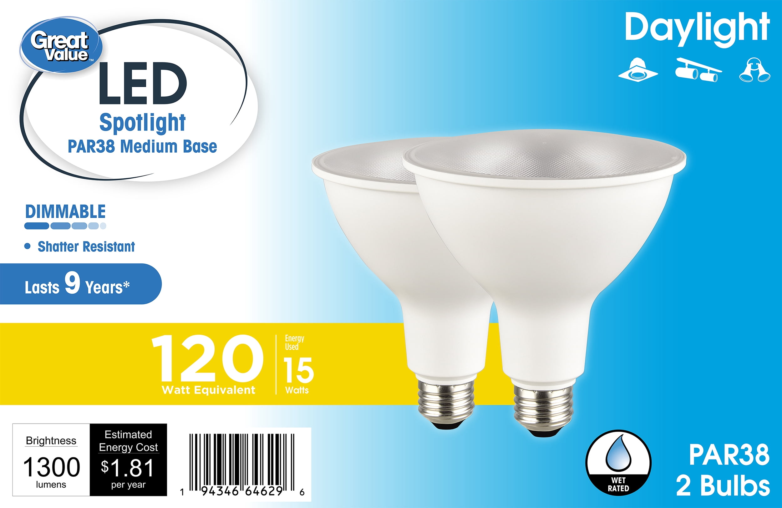 Great Value PAR38 LED Flood Light Bulbs, 15-Watt (120W Equivalent), Daylight White, Dimmable, E26 (2Pack)