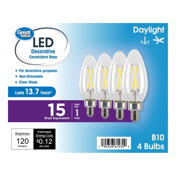 Great Value LED Light Bulb, 1W (15 Watts Equivalent), B10 Deco Lamp, E12 Candelabra Base, Non-dimmable, Daylight, 13yr, 4 Pack