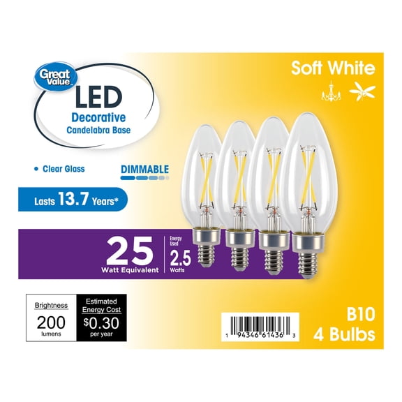 Great Value LED Light Bulb, 2.5W (25 Watts Equivalent), B10 Deco Lamp, E12 Candelabra Base, Dimmable, Soft White, 13yr, 4 Pack