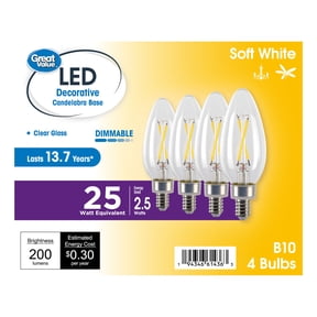 Great Value LED B10 Decorative Light Bulb, 2.5W, 25W Equivalent, E12 Candelabra Base, Dimmable, Soft White, 13 Year, 4 Pack