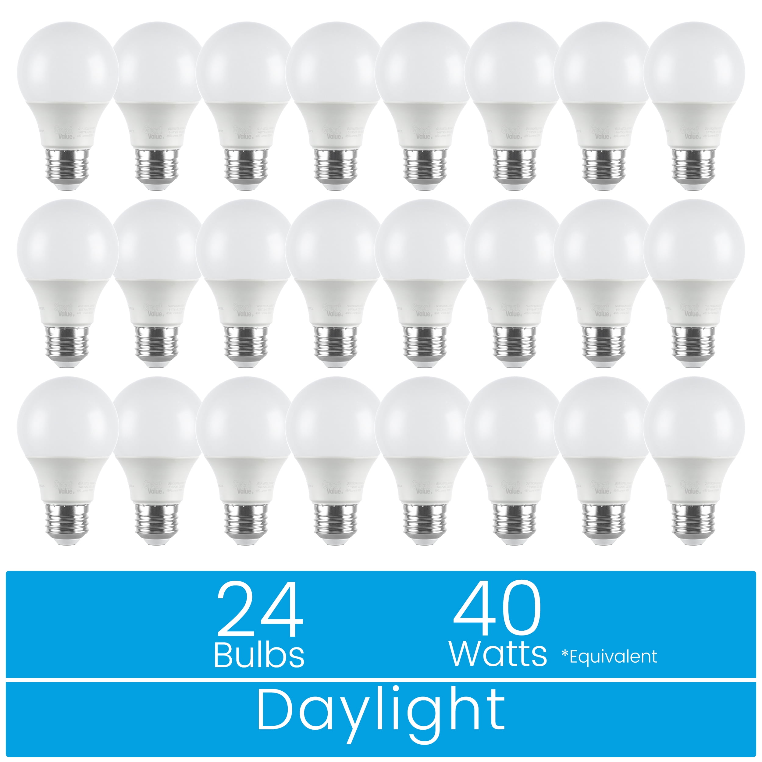 Great Value 18YR A19 LED Light Bulb, 6W (40W Equivalent), Dimmable Daylight, E26 Medium Base, 24 Pack