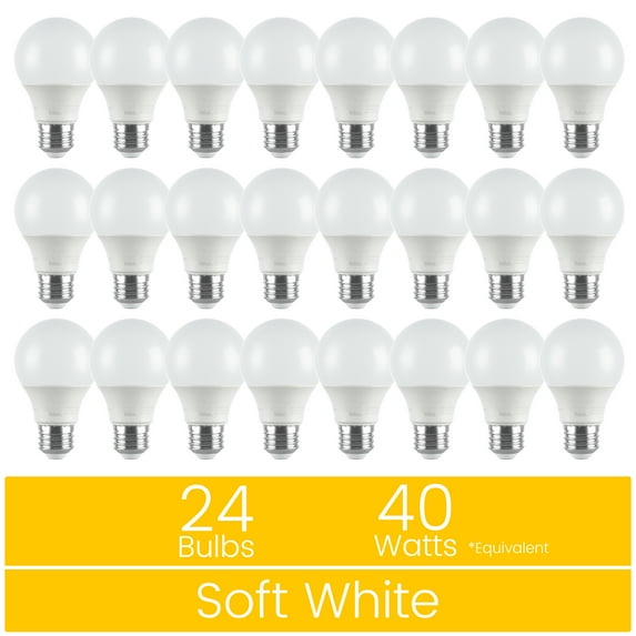 Great Value 18YR A19 LED Light Bulb, 6W (40W Equivalent) Dimmable Soft White E26 Medium Base, 24 Pack