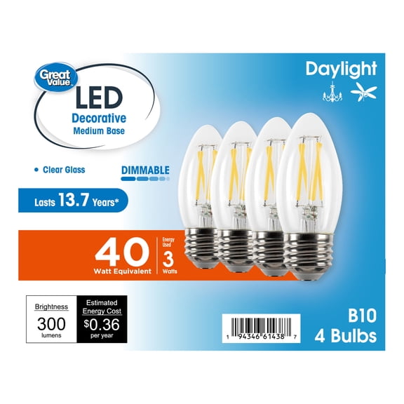 Great Value LED Light Bulb, 3W (40 Watts Equivalent), B10 Deco Lamp, E26 Medium Base, Dimmable, Daylight, 13yr, 4 Pack