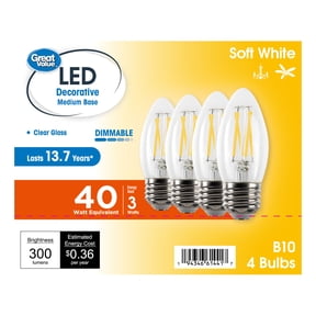 Great Value LED B10 Decorative Light Bulbs, 3W, 40W Equivalent, E26 Medium Base, Dimmable, Soft White, 4 Pack