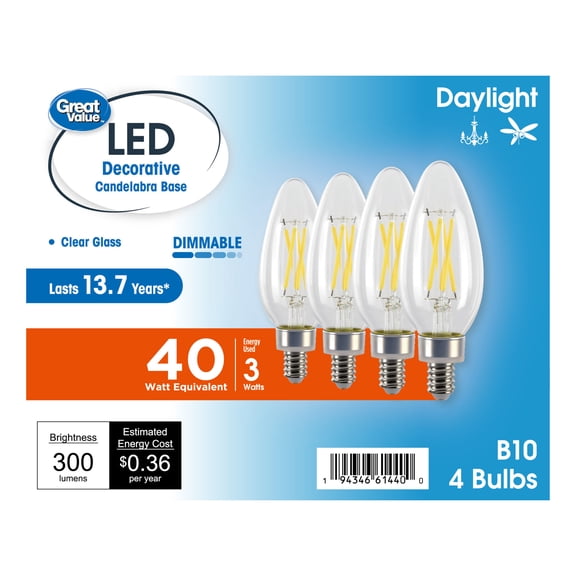 Great Value LED Light Bulb, 3W (40 Watts Equivalent), B10 Deco Lamp, E12 Candelabra Base, Dimmable, Daylight, 13yr, 4 Pack
