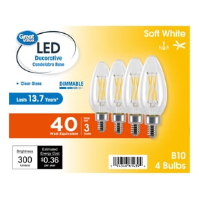 Great Value LED Light Bulb, B10 Decorative Lamp, E12 Candelabra Base, 3 W, 40 W Equivalent, Dimmable, Soft White, 13 yr, 4 Pack