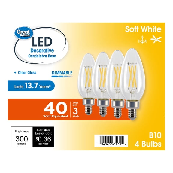 Great Value LED Light Bulb, 3W (40 Watts Equivalent), B10 Deco Lamp, E12 Candelabra Base, Dimmable, Soft White, 13yr, 4 Pack