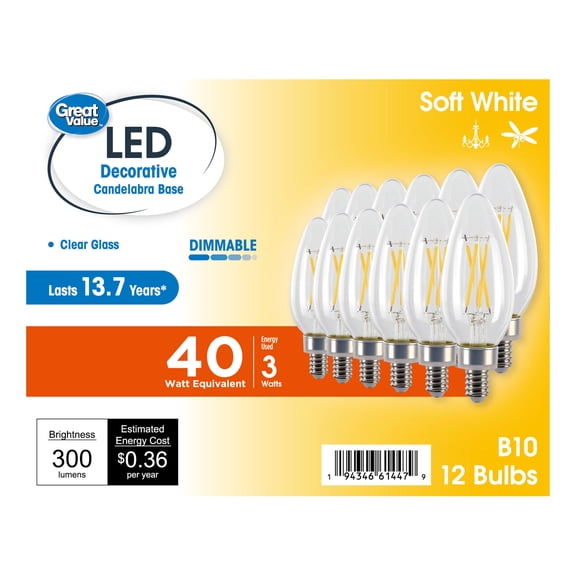 Great Value LED Light Bulb, 3W (40 Watts Equivalent), B10 Deco Lamp, E12 Candelabra Base, Dimmable, Soft White, 13yr, 12 Pack