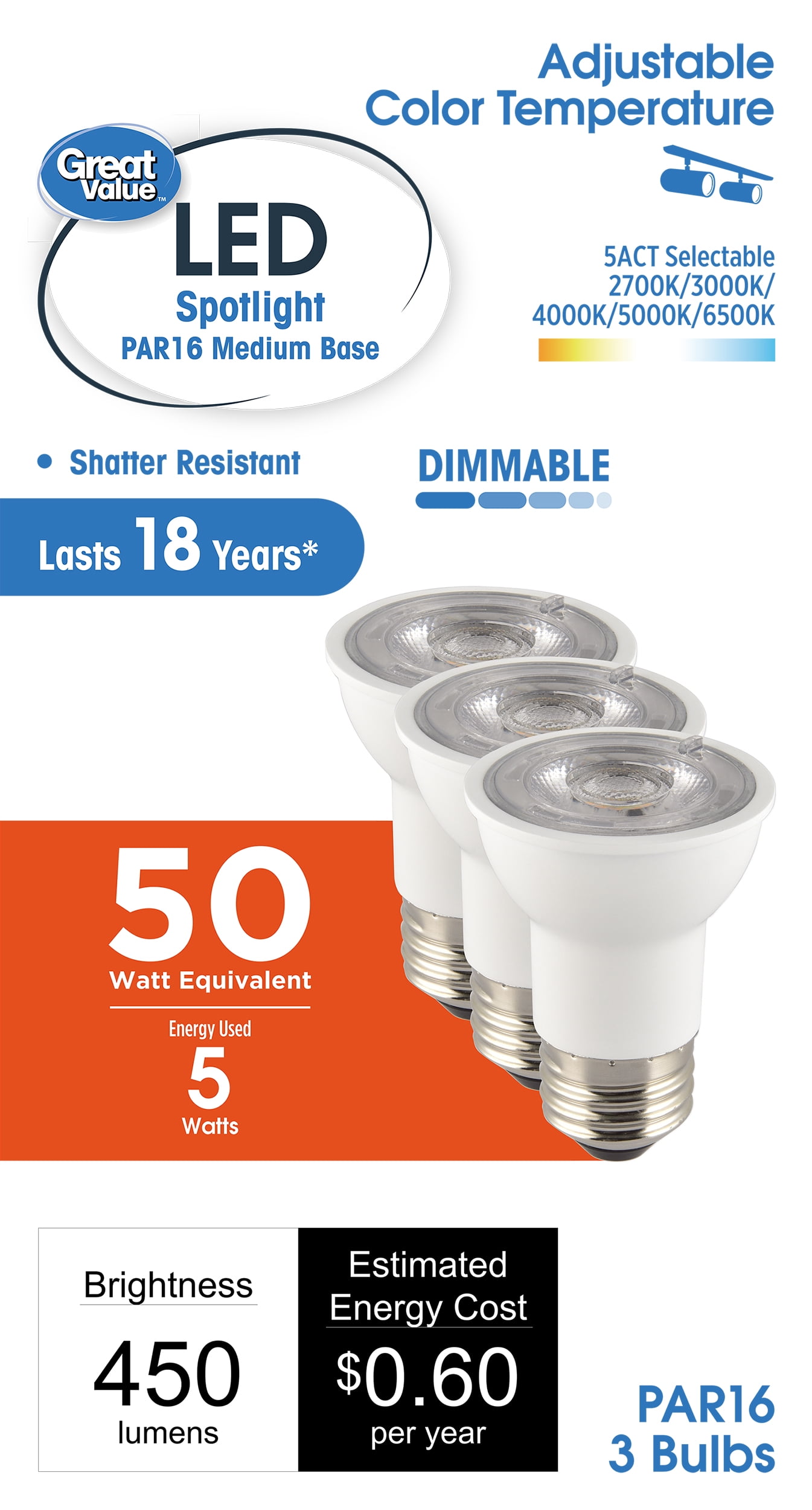 Great Value LED PAR16 5Watts (50W Equiv) 5ACT Indoor Light Bulb, Dimmable E26 Base (3 Pack)