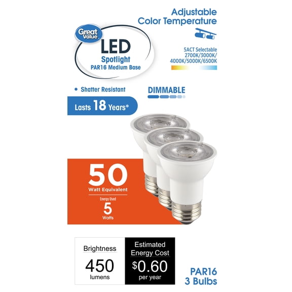 Great Value LED PAR16 5Watts (50W Equiv) 5ACT Indoor Light Bulb, Dimmable E26 Base (3 Pack)
