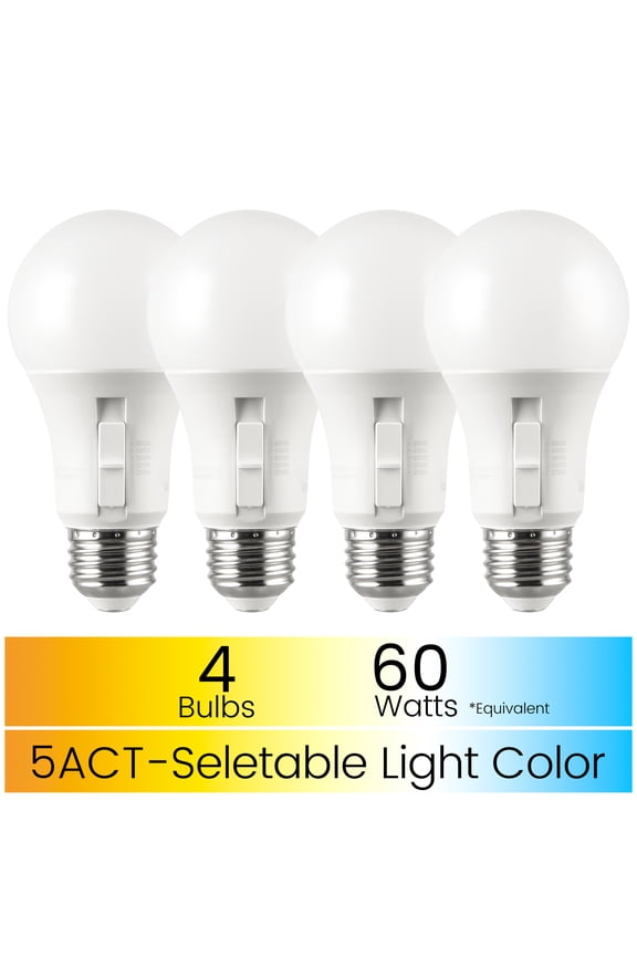 13YR A19 LED Light Bulb, 9W (60W Equivalent) Dimmable 5CCT E26 Medium Base (4 Pack)