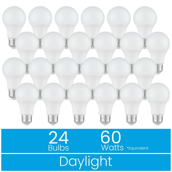 Great Value 18YR A19 LED Light Bulb, 9W (60W Equivalent) Dimmable Daylight E26 Medium Base, 24 Pack