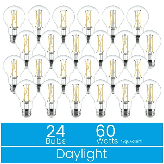 Great Value 18YR A19 LED Light Bulb, 7W (60W Equivalent) Dimmable Daylight E26 Medium Base, 24Pack