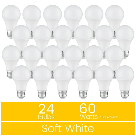 Great Value 18YR A19 LED Bulb, 9-Watt (60W Equivalent) E26 Base, Dimmable, Soft White, 24-Pack