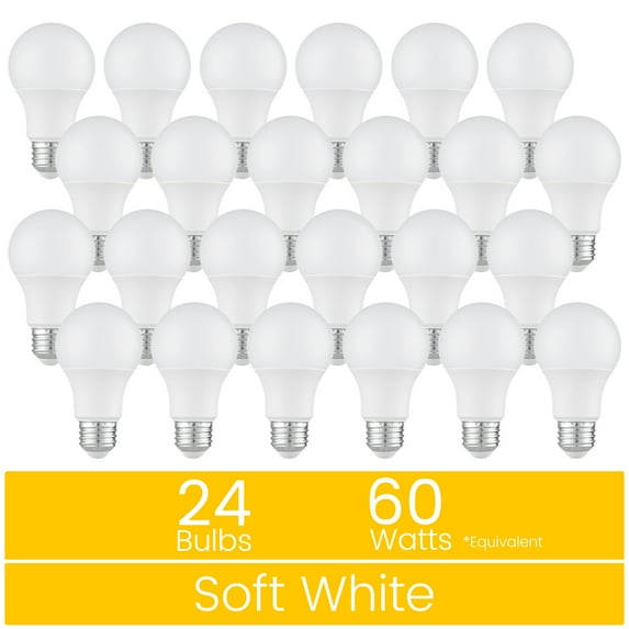 Great Value 18YR A19 LED Bulb, 9-Watt (60W Equivalent) E26 Base, Dimmable, Soft White, 24-Pack