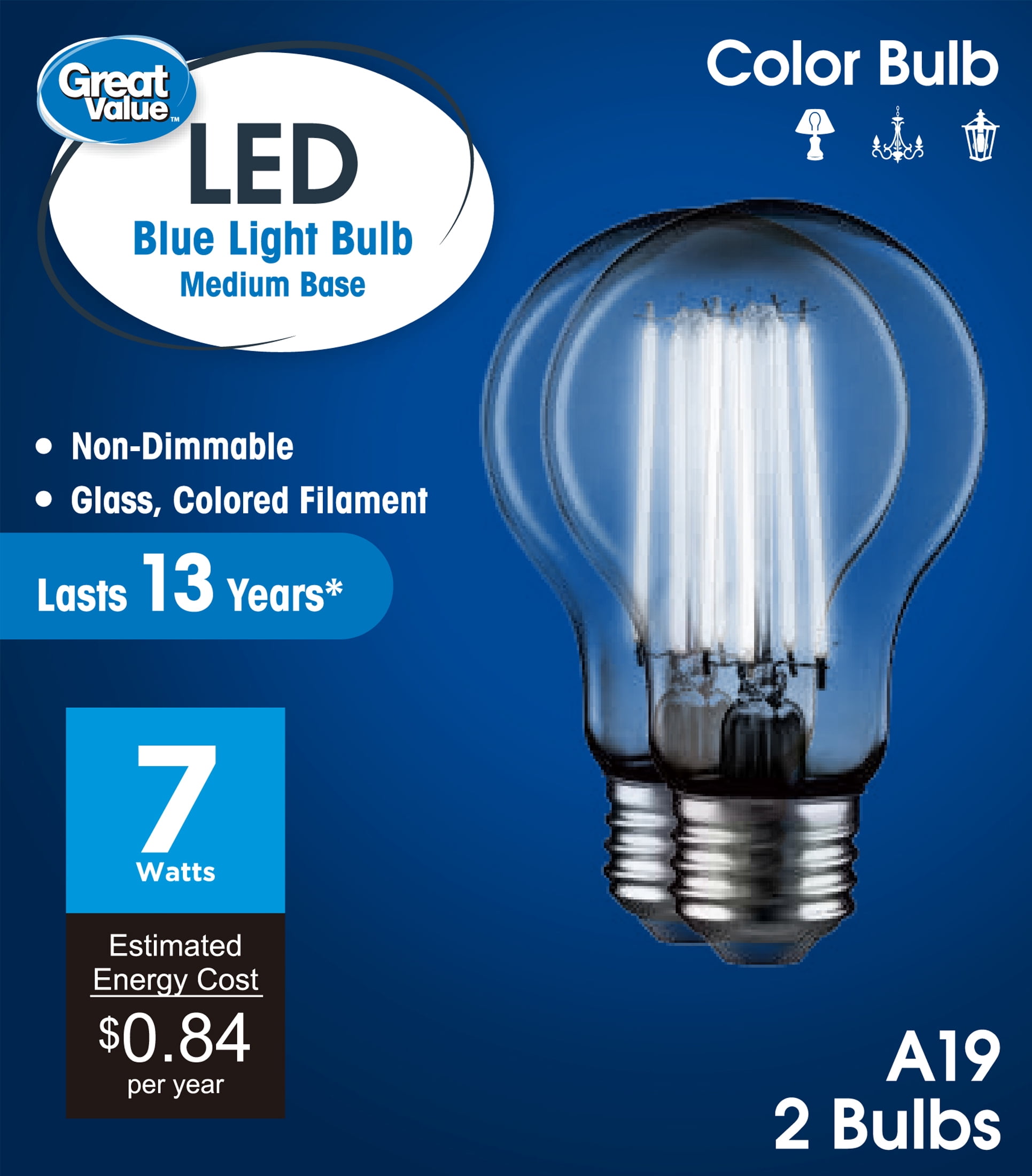 Great Value LED Blue Color Light Bulb, 7.5 Watts A19 Lamp E26 Medium ...