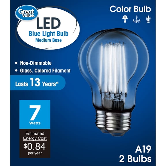 Great Value LED Blue Color Light Bulb, 7.5 Watts A19 Lamp E26 Medium Base, Non-dimmable, 2-Pack