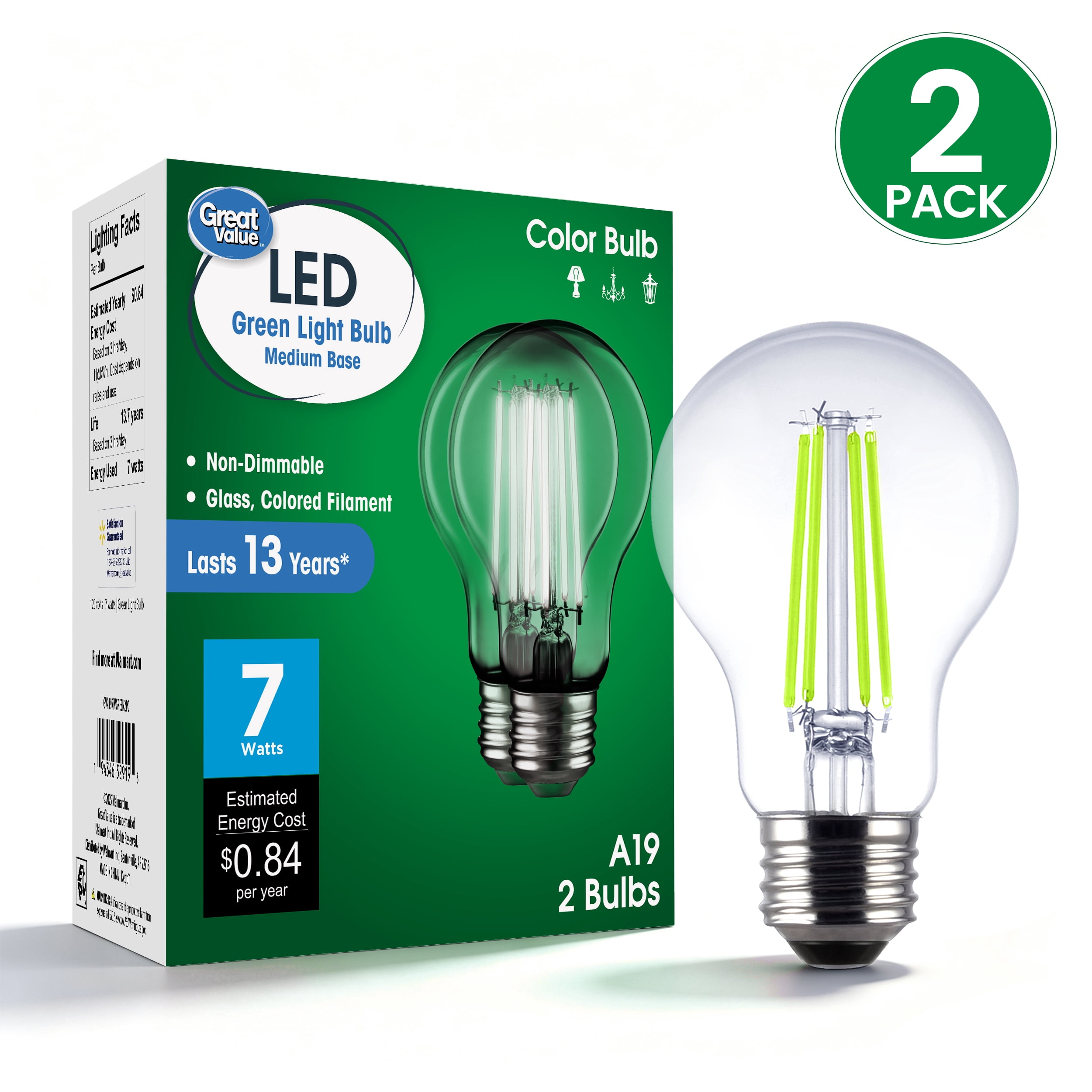 Great Value A19 LED 7W Decorative Green Light Bulbs, E26 Medium Base, 2 Pack