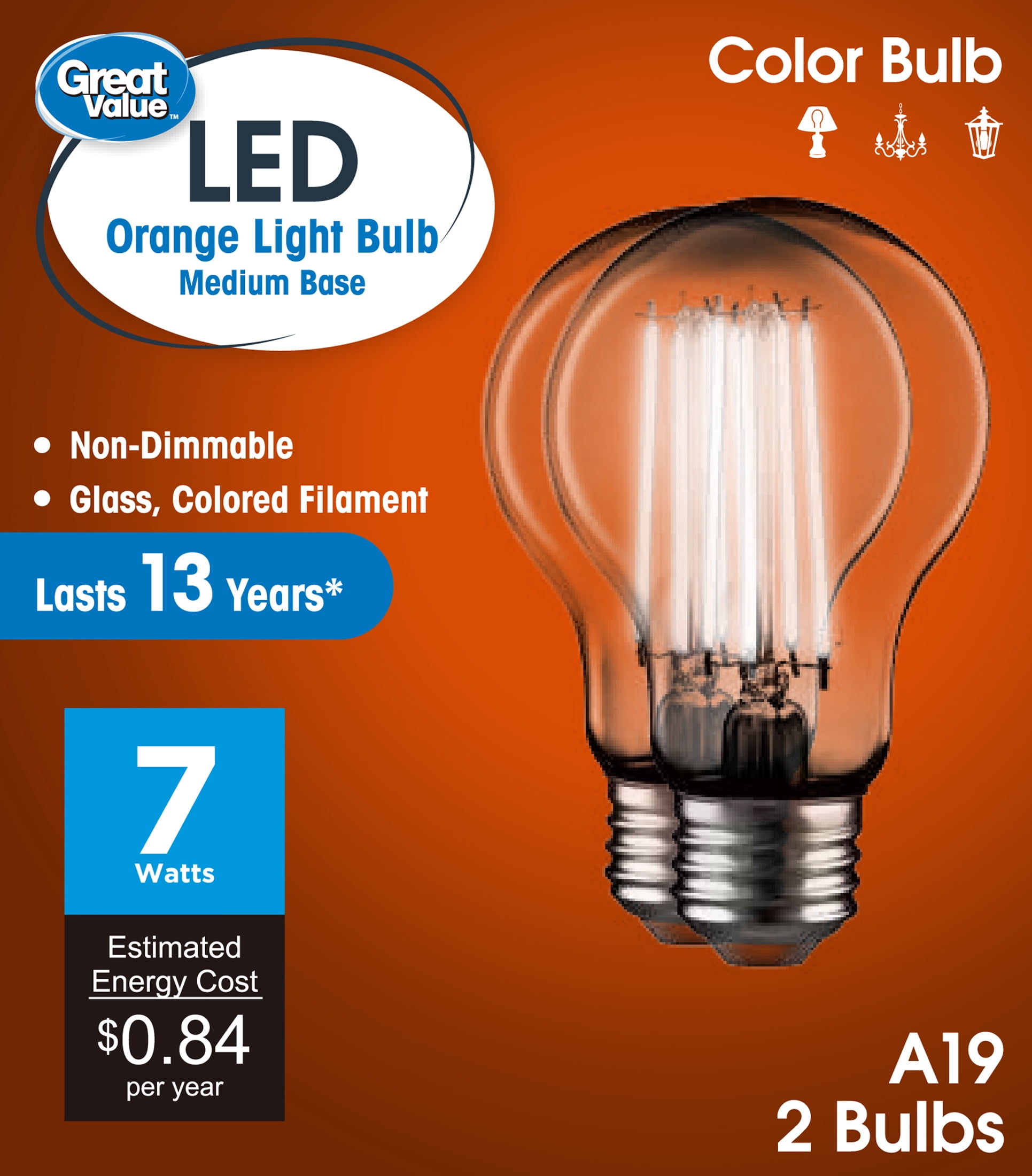 Great Value LED Orange Color Light Bulb, 7.5 Watts A19 Lamp E26 Medium Base, Non-dimmable, 2-Pack