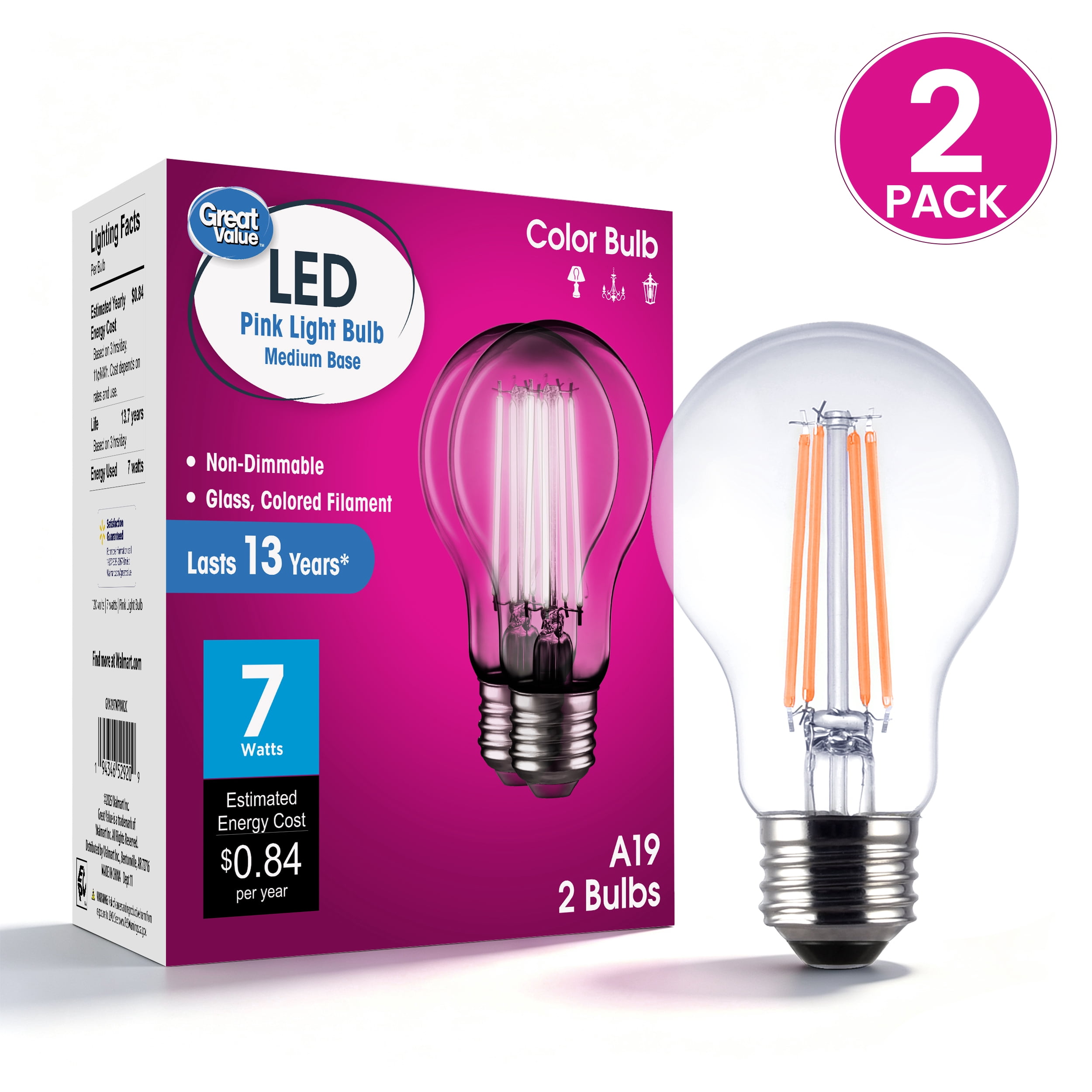 Great Value A19 LED 7.5W E26 Medium Base Pink Light Bulbs, 2 Pack