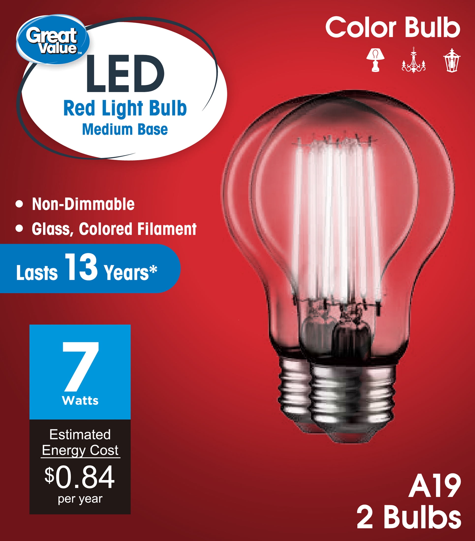 Great Value A19 LED 7W E26 Medium Base Decorative Red Light Bulbs, 2 ...