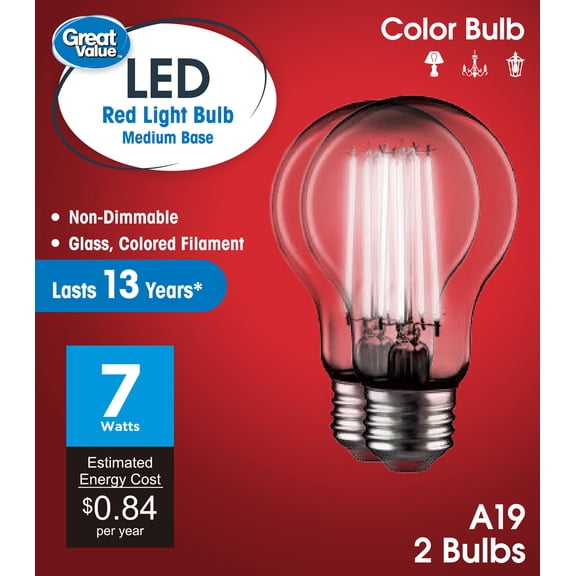 Great Value A19 LED 7W E26 Medium Base Decorative Red Light Bulbs, 2 Pack