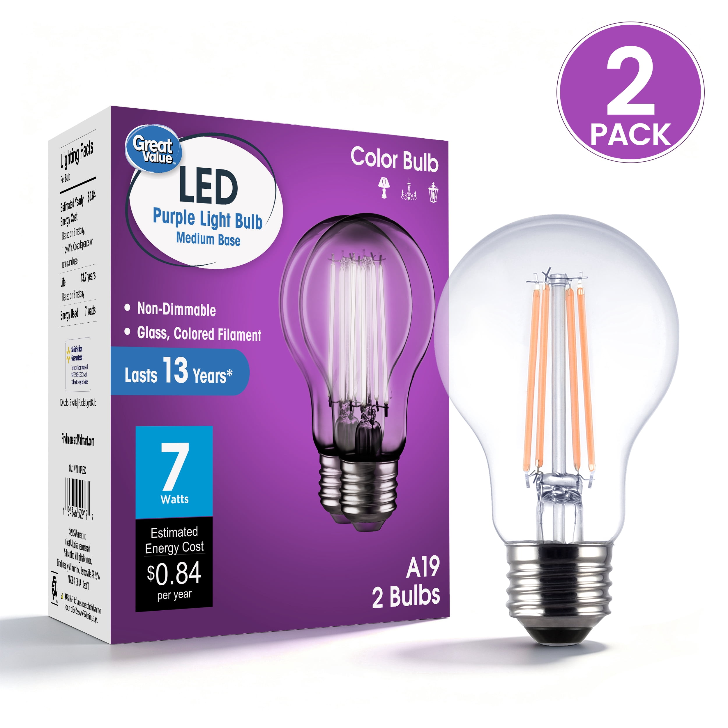 Great Value LED Violet Color Light Bulb, A19, E26 Medium Base, 7.5 Watts, Non-Dimmable, 2-Pack
