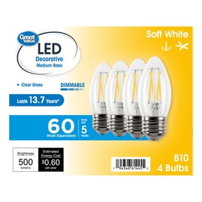 Great Value LED Light Bulb, B10 Decorative Lamp, 5W, 60W Equivalent, E26 Medium Base, Dimmable, Soft White, 13 Year, 4 Pack