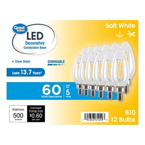 Great Value LED Light Bulbs, 5W 60W Equivalent, B10 Decorative Lamp, E12 Candelabra Base, Dimmable, Soft White, 12 Pack